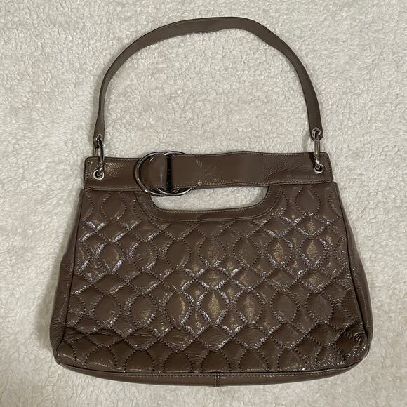 Hobo Patent Leather Quilted Shoulder Bag Taupe Detachable Strap Magnet Closure - Picture 1 of 5